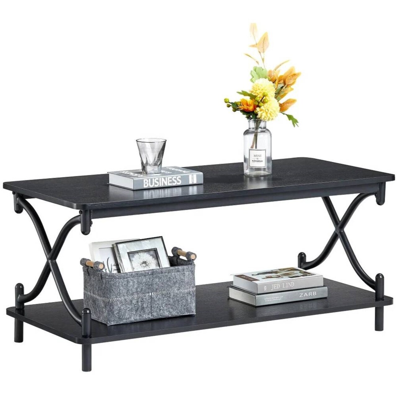 39-Inch Modern Rectangular Coffee Table with Metal Frame and Storage Shelf for Living Room